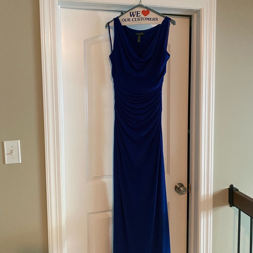 Floor length royal blue Ralph Lauren Evening dress with side slit.